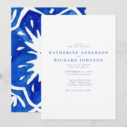 Invitation Carrelage méditerranéen Cobalt Bleu & Blanc Mariag (Devant / Derrière)