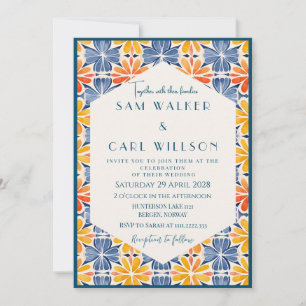 Invitation Carrelage orange jaune Fleur + Bordure