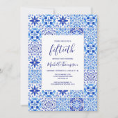 Invitation Carrelage portugais rustique bleu blanc 50e annive (Devant)