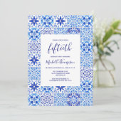 Invitation Carrelage portugais rustique bleu blanc 50e annive (Debout devant)