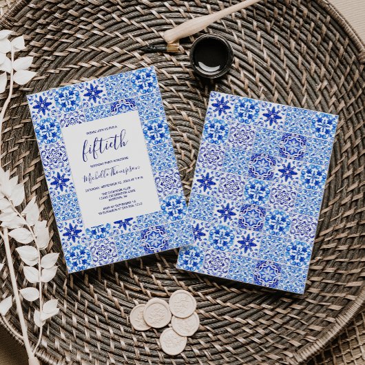 Invitation Carrelage portugais rustique bleu blanc 50e annive