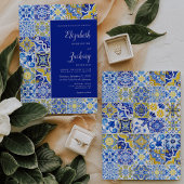 Invitation Carrelage rustique Bleu Jaune Blanc Mariage