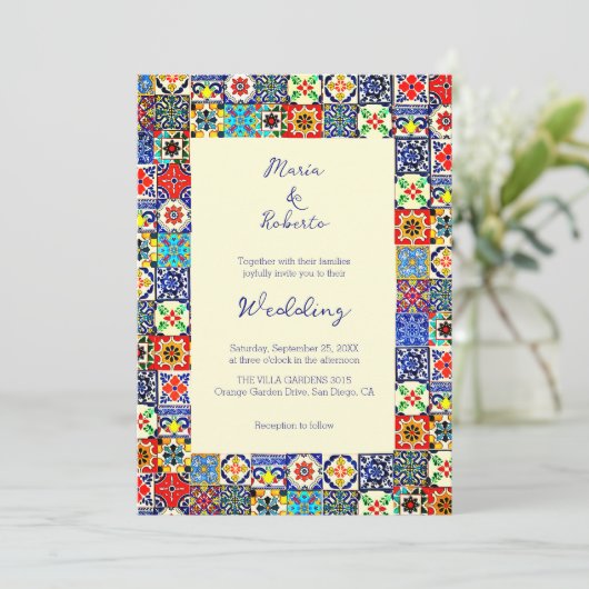 Invitation Carrelage Talavera coloré avec Mariage frontalier (Debout devant)