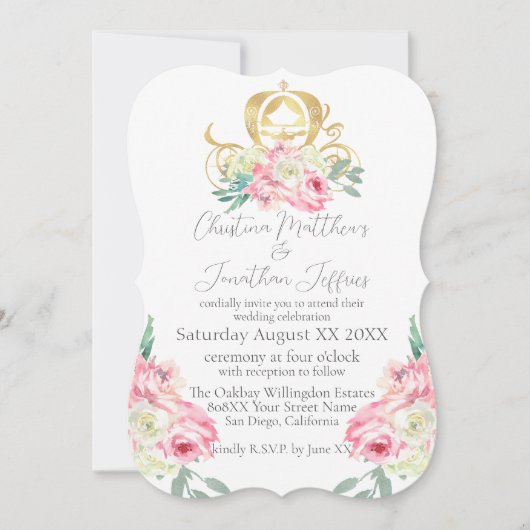Invitation Carriage et Fleurs roses Mariage de conte de fées (Devant)