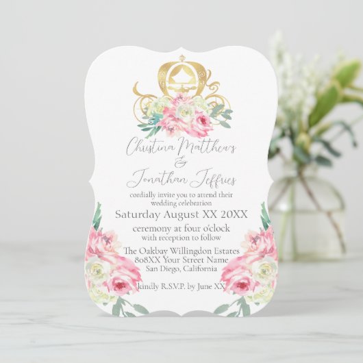 Invitation Carriage et Fleurs roses Mariage de conte de fées (Debout devant)
