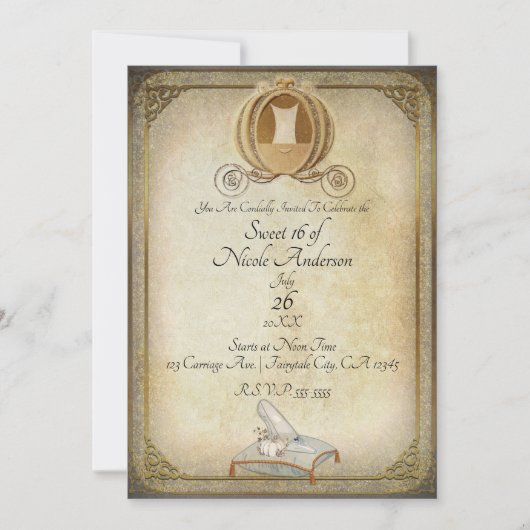 Invitation Carrosse de Cendrillon et Pantoufle Sweet 16 Vinta (Devant)