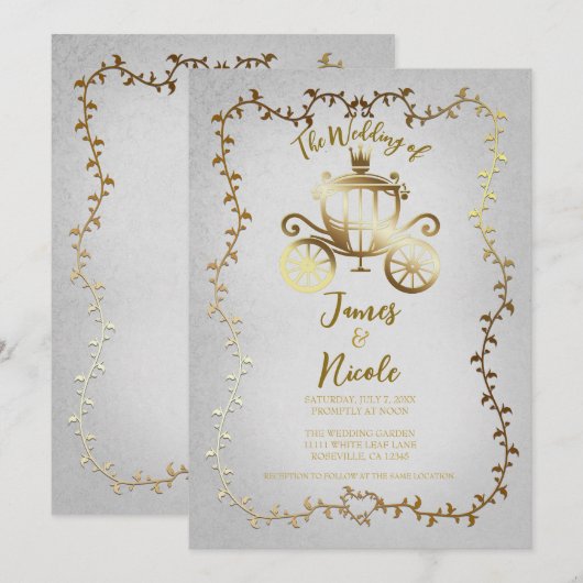 Invitation Carrosse élégant doré Mariage conte de fées blanc (Devant / Derrière)