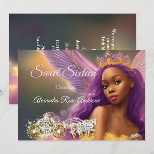 Invitation Carrosse Rose Violet Or Conte de Fée Sweet Sixteen