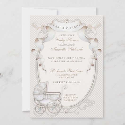 Invitation Carrosse Vintage Crème Gingham Oiseaux (Devant)