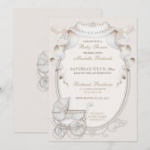 Invitation Carrosse Vintage Crème Gingham Oiseaux (Devant / Derrière)