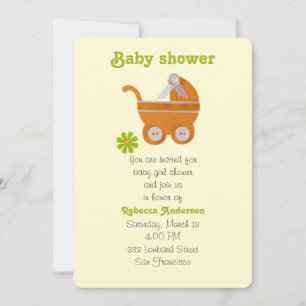 Invitation Carrosserie orange, fleur verte pour baby shower