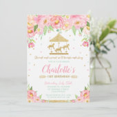 Invitation Carrousel 1er anniversaire Rose Floral Gold Girl (Debout devant)
