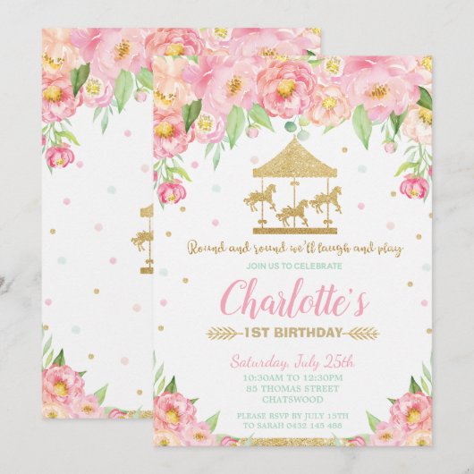 Invitation Carrousel 1er anniversaire Rose Floral Gold Girl (Devant / Derrière)