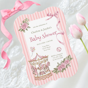 Invitation Carrousel à cheval vintage rose aquarelle Baby Sho