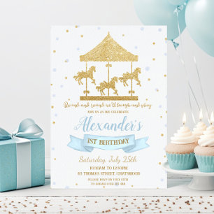 Invitation Carrousel bleu et or Boy 1er anniversaire