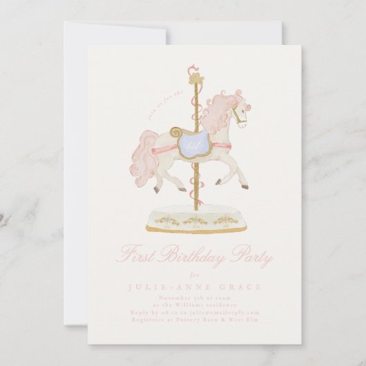 Invitation Carrousel de Filles Rose Conte de Fées Première Fê (Devant)