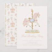 Invitation Carrousel de Filles Rose Conte de Fées Première Fê (Devant / Derrière)