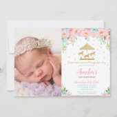 Invitation Carrousel floral de Monnaie rose 1er anniversaire  (Devant)