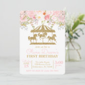 Invitation Carrousel floral rose et or fille Anniversaire (Debout devant)