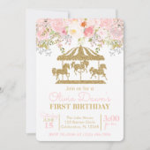 Invitation Carrousel floral rose et or fille Anniversaire (Devant)
