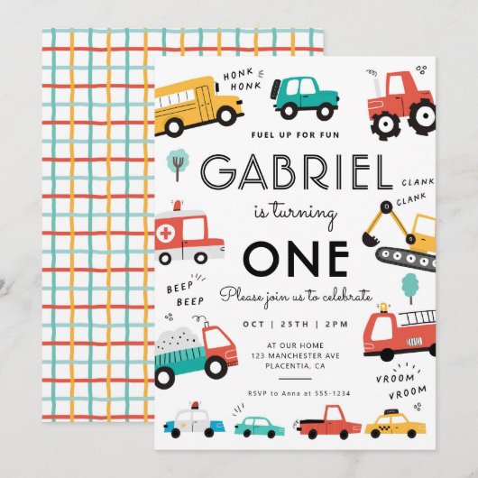 Invitation Cars & Trucks City Transport fête d'anniversaire (Devant / Derrière)