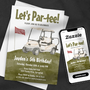 Invitation Cart de golf Vert Let's Par-tee Anniversaire