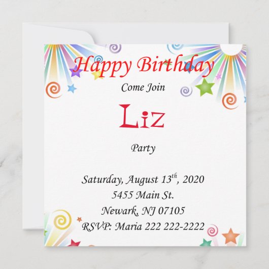 Invitation Carte d'anniversaire Arc-en-ciel (Dos)