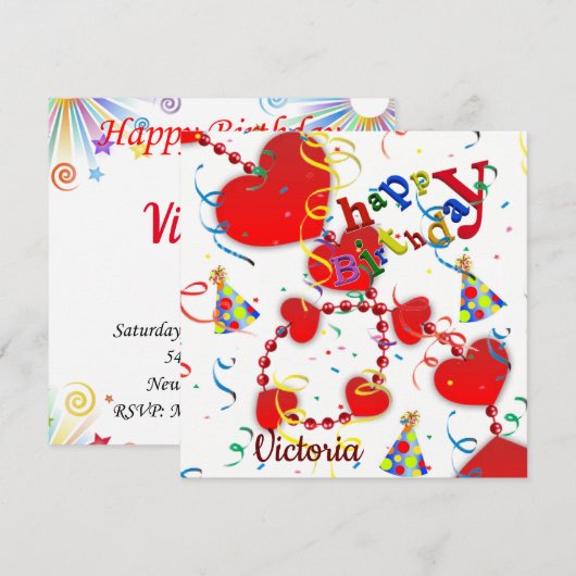 Invitation Carte d'anniversaire Cœurs Rouges (Devant / Derrière)