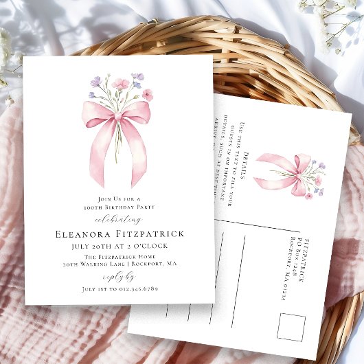 Invitation Carte Postale 100e fête d'anniversaire Blush Pink Bow Fleur sauv
