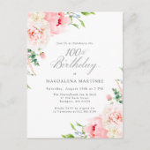 Invitation Carte Postale 100e fête d'anniversaire Feminine rose Floral (Devant)