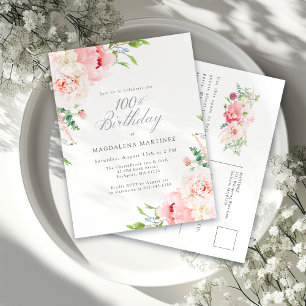 Invitation Carte Postale 100e fête d'anniversaire Feminine rose Floral