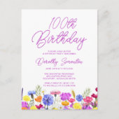 Invitation Carte Postale 100e fête d'anniversaire Fleurs sauvages pourpres (Devant)