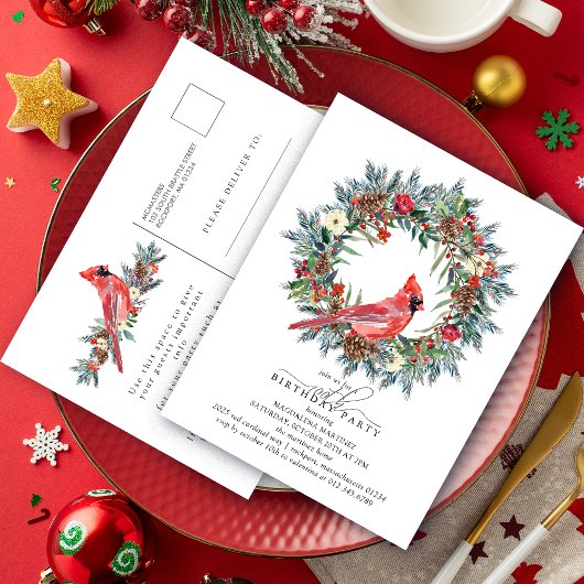 Invitation Carte Postale 100th Birthday Party Red Cardinal Wreath