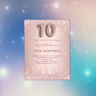 Invitation Carte Postale 10e anniversaire rose parties scintillant or goutt
