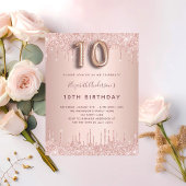 Invitation Carte Postale 10e anniversaire rose parties scintillant or goutt