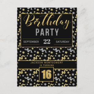Invitation Carte Postale 16ème anniversaire Confetti en Noir et Or