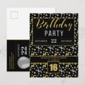 Invitation Carte Postale 16ème anniversaire Confetti en Noir et Or (Devant / Derrière)