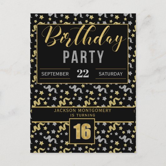 Invitation Carte Postale 16ème anniversaire Confetti en Noir et Or (Devant)
