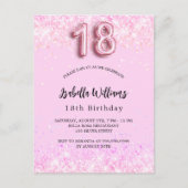 Invitation Carte Postale 18e anniversaire confetti rose fête fille (Devant)