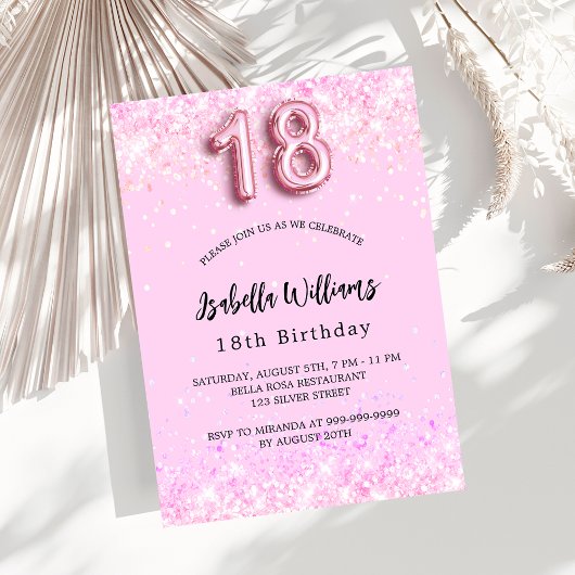 Invitation Carte Postale 18e anniversaire confetti rose fête fille