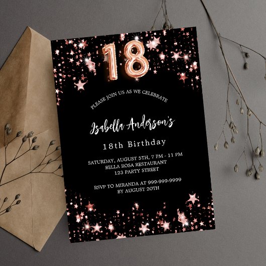 Invitation Carte Postale 18e anniversaire noir rose étoiles d'or
