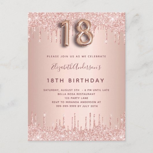 Invitation Carte Postale 18e anniversaire rose or parties scintillant rose (Devant)