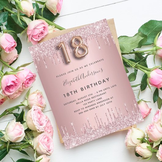 Invitation Carte Postale 18e anniversaire rose poussiéreux parties scintill