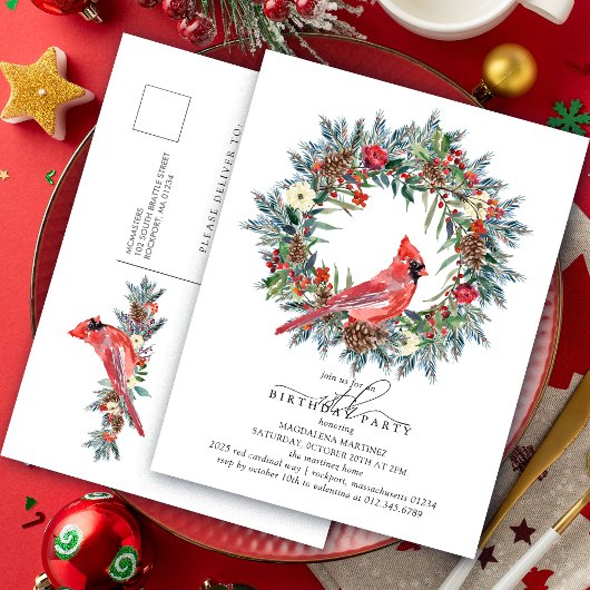 Invitation Carte Postale 18th Birthday Party Red Cardinal Wreath