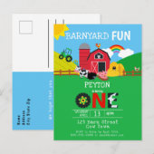 Invitation Carte Postale 1er Anniversaire Animaux de ferme Barnyard Fun Kid (Devant / Derrière)
