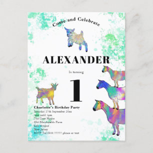 Invitation Carte Postale 1er Anniversaire Colorée Chèvres