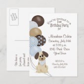 Invitation Carte Postale 1ère fête d'anniversaire avec chiot et ballons (Devant / Derrière)