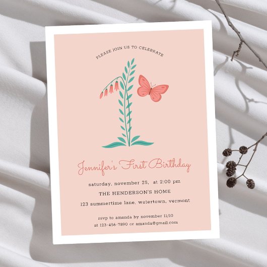 Invitation Carte Postale 1st Birthday Party Floral Botanical Butterfly