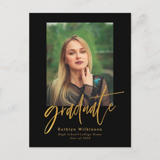 Invitation Carte Postale 2022 Elegant Gold Black Script Photo Graduation (Devant)