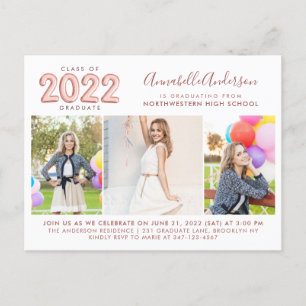 Invitation Carte Postale 2022 Graduate Rose Gold 3 Photo Graduation Party